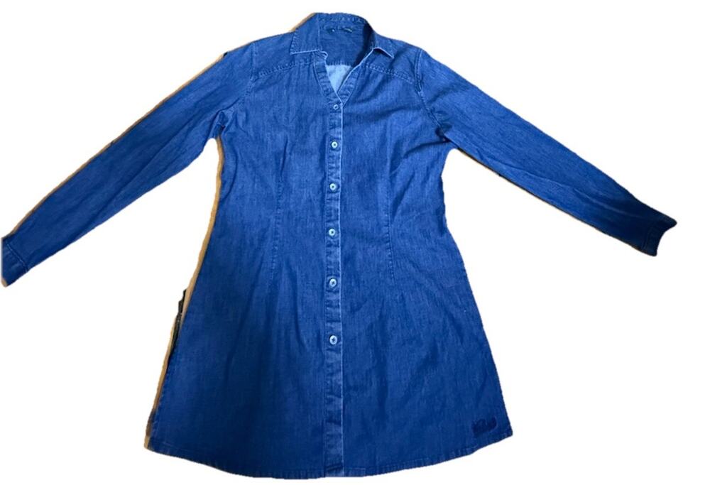 WOOLRICH Women’s Denim Blue Button Up Tunic Shirt V-Neck L/S Size Small Petite